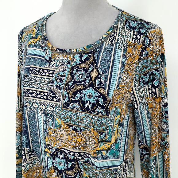 Chicos Top 0 Womens Small Blue Black Neck Beads Stretch Knit Blouse Tunic - Picture 7 of 14